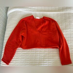 Orange Cropped V-Neck Sweater